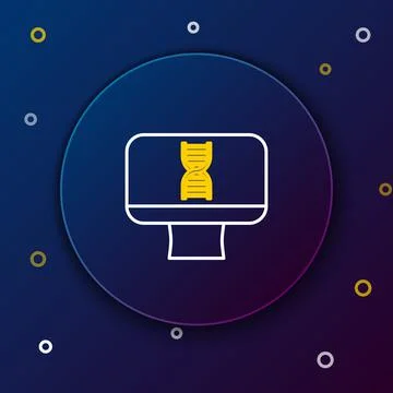 Line DNA spiral and computer monitor icon isolated on blue background. Polygonal Illustrazione stock