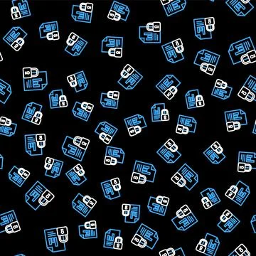 Line Document and lock icon isolated seamless pattern on black background. File Stock Illustration