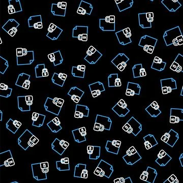 Line Document and lock icon isolated seamless pattern on black background. File 스톡 일러스트