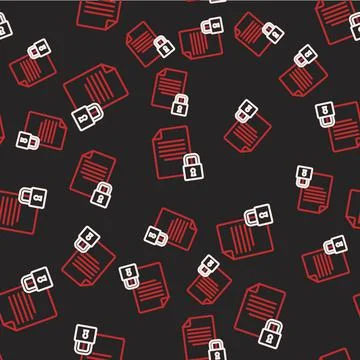 Line Document and lock icon isolated seamless pattern on black background. File Stock Illustration