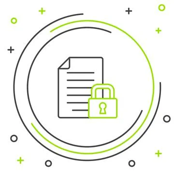 Line Document and lock icon isolated on white background. File format and pad Illustrazione stock