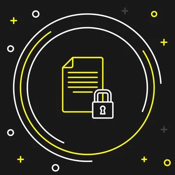 Line Document and lock icon isolated on black background. File format and pad Illustrazione stock