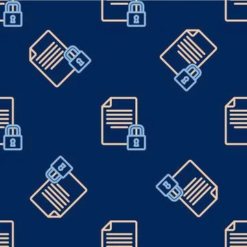 Line Document and lock icon isolated seamless pattern on blue background. F.. Illustrazione stock