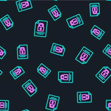 Line Document and lock icon isolated seamless pattern on black background. Fi Stock Illustration