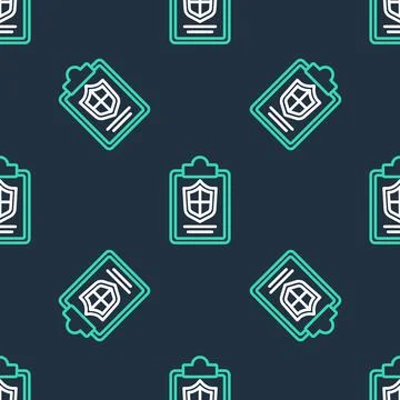 Line Document with shield icon isolated seamless pattern on black background Stock Illustration