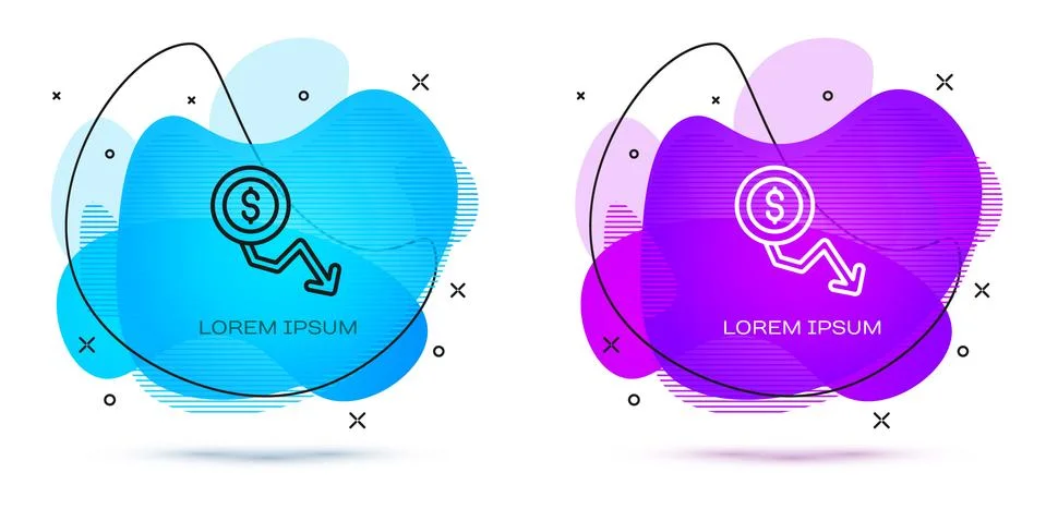 Line Dollar rate decrease icon isolated on white background. Cost reduction 스톡 일러스트