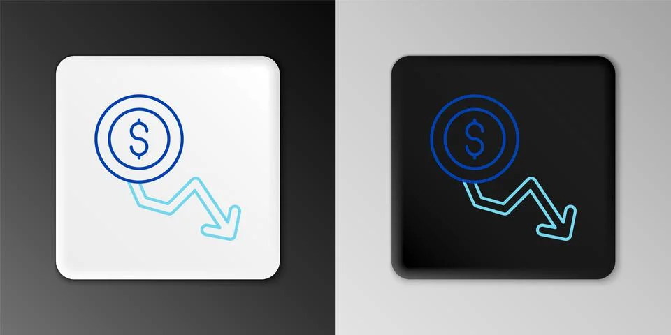 Line Dollar rate decrease icon isolated on grey background. Cost reduction Illustrazione stock