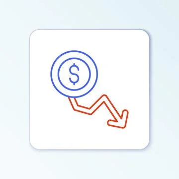 Line Dollar rate decrease icon isolated on white background. Cost reduction Illustrazione stock