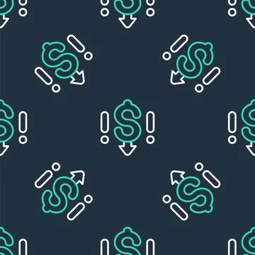 Line Dollar rate decrease icon isolated seamless pattern on black backgroun.. Illustrazione stock