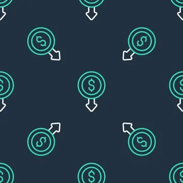 Line Dollar rate decrease icon isolated seamless pattern on black backgroun.. Illustrazione stock