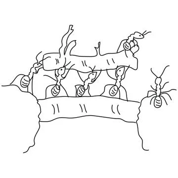 Line drawing of ants carrying a leaf across a branch Stock Illustration
