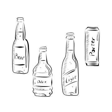 Line drawing. Art line of different beer bottles. Vector Stock Illustration