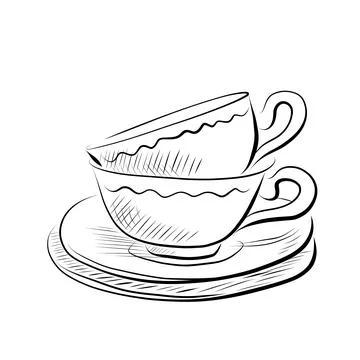 Line drawing. Art line two mugs on saucers. Vector minimalistic Stock Illustration