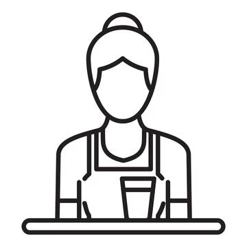 Line drawing of a bartender serving drinks, wearing an apron and hair bun, be Stock Illustration
