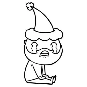 Line drawing of a bearded man crying wearing santa hat Stock Illustration