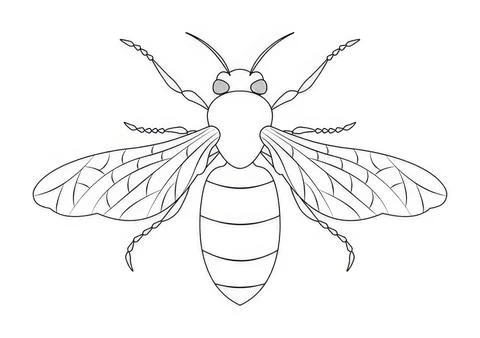 Line drawing of a bee with detailed wings and body Stock Illustration