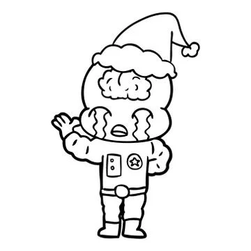 Line drawing of a big brain alien crying wearing santa hat Stockillustratie