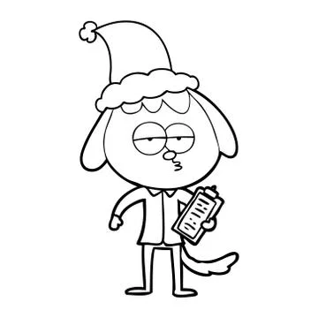 Line drawing of a bored dog in office clothes wearing santa hat Stock Illustration