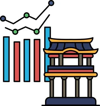 A line drawing of a building with a line graph in the background Ilustración de archivo
