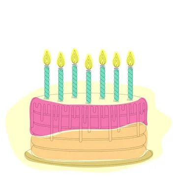 Line drawing, cake with burning candles. Color shift. White background. Stock Illustration