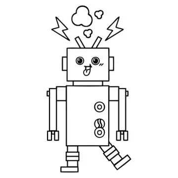 Line drawing cartoon crazed robot Stock Illustration