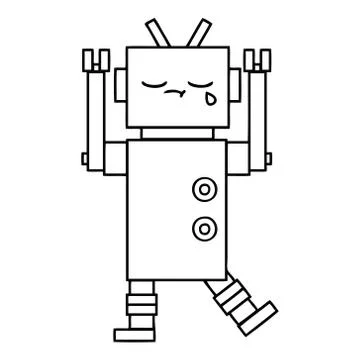 Line drawing cartoon crying robot Illustrazione stock