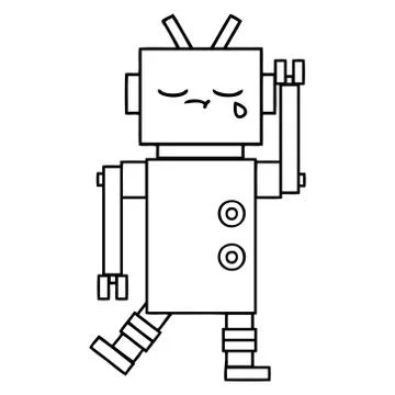 Line drawing cartoon crying robot Illustrazione stock