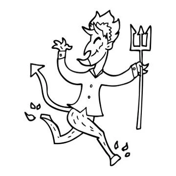 Line drawing cartoon devil with pitchfork Stock Illustration