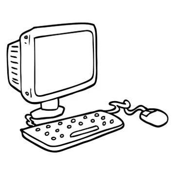 Line drawing cartoon office computer Stock Illustration