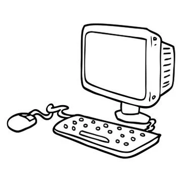 Line drawing cartoon office computer Stock Illustration