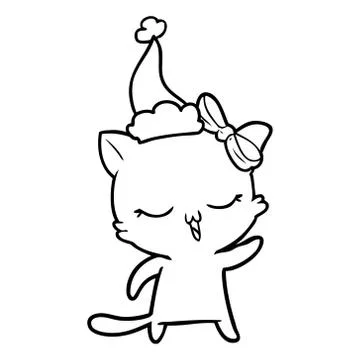 Line drawing of a cat with bow on head wearing santa hat Stock Illustration