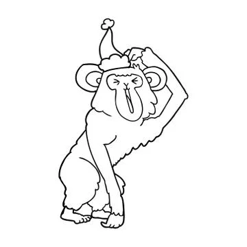 Line drawing of a chimp scratching head wearing santa hat Illustrazione stock