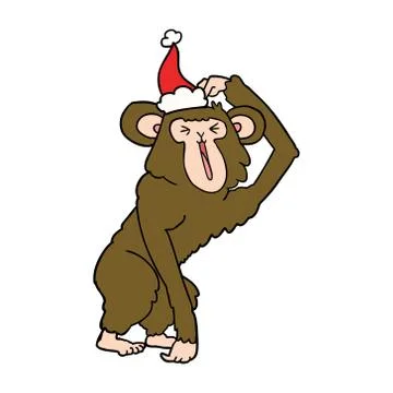 Line drawing of a chimp scratching head wearing santa hat Illustrazione stock