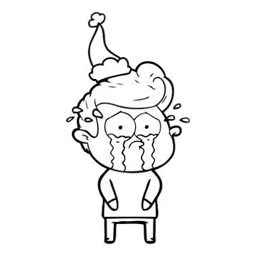 Line drawing of a crying man wearing santa hat Illustrazione stock
