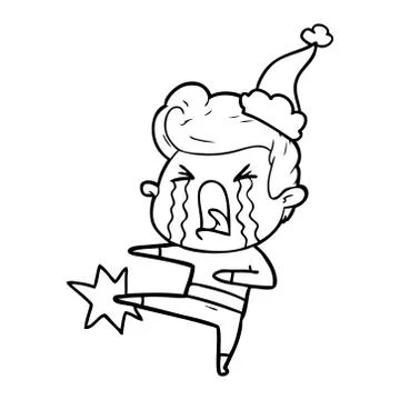 Line drawing of a crying man wearing santa hat 스톡 일러스트
