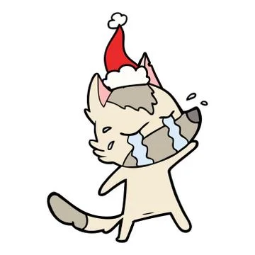 Line drawing of a crying wolf wearing santa hat Stock Illustration