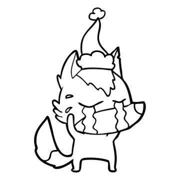 Line drawing of a crying wolf wearing santa hat Illustrazione stock
