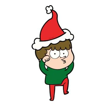 Line drawing of a curious boy rubbing eyes in disbelief wearing santa hat Stock Illustration