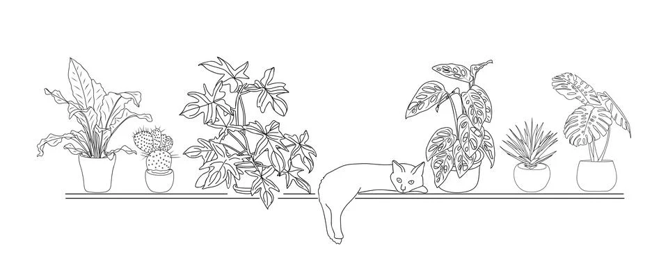 Line Drawing of Cute Cat with house plants. Stock Illustration