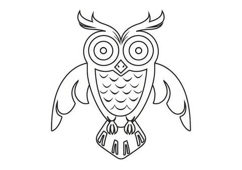 Line drawing of cute owl bird with big eyes and detailed feathers Stock Illustration