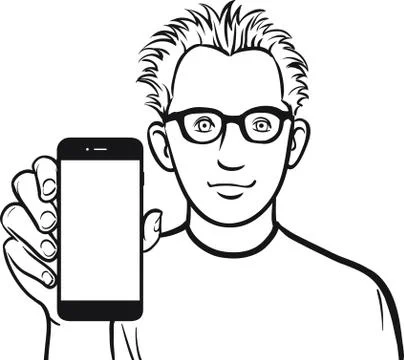 Line drawing of a developer showing a mobile app on a smart phone Stock Illustration