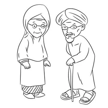 Line Drawing of Elderly Malay Cartoon -Character Vector Stock Illustration