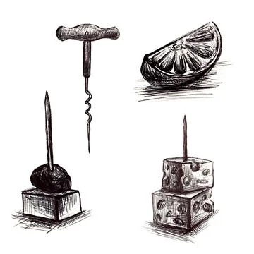 Line drawing elements of a Snacks and Corkscrew. Stock Illustration