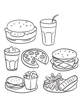 Line drawing features various fast-food items Illustrazione stock