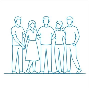 A line drawing of five people standing together in a group vector Stock Illustration