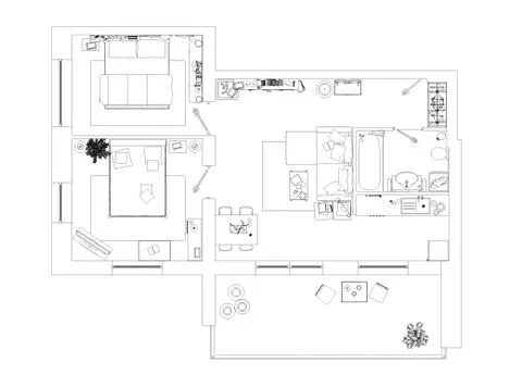 Line drawing floor plan on a white background, Mock up of furnished home apartme Stock Illustration