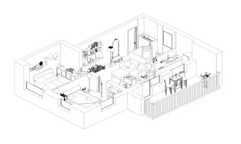 Line drawing floor plan on a white background, Mock up of furnished home apartme Stock Illustration