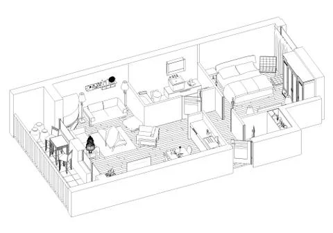 Line drawing floor plan on a white background, Mock up of furnished home apartme Stock Illustration