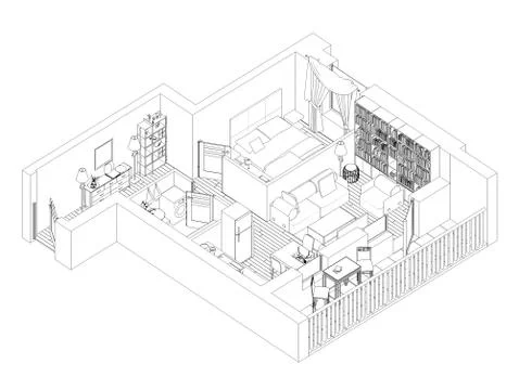 Line drawing floor plan on a white background, Mock up of furnished home apartme Stock Illustration