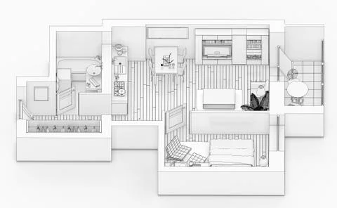 Line drawing floor plan on a white background, Mock up of furnished home apartme Stock Illustration